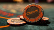A close-up of a casino chip with 'Chance' embossed, highlighting the unpredictability of gambling.