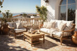 Cozy garden outdoor furniture on the terrace of a Mediterranean-style house, soft tonal palette.