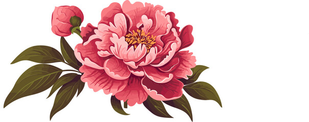 Sticker - Peony flower icon. Peonies on transparent background. Watercolor pink peony flowers. Realistic peony flowers with leaves . Hand drawn botanical floral decoration