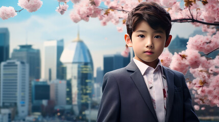 Wall Mural - Modern happy young Asian boy on the background of pink cherry blossoms and metropolis city.