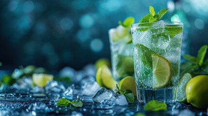  a close up of a glass of ice water with limes and mint on a table with ice cubes.