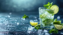  A Glass Of Mojito Tea With Limes And Mints On A Dark Blue Background With Water Droplets.