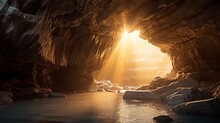 Beautiful Hidden Cave With A Small Pool Of Water And A Ray Of Sun