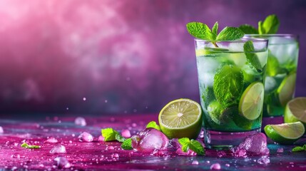  a glass of mojito tea with limes and mints on a purple surface with water droplets around it.