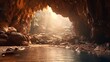 beautiful cave with a small pool of water and a ray of sunlight coming in from above