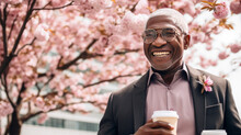 Modern Happy Elderly Smiling Dark-skinned African Man With A Cup Of Coffee Against The Backdrop Of Pink Cherry Blossoms And Metropolis City.
