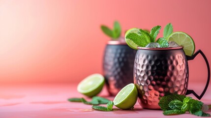 Wall Mural -  a close up of two cups with limes and mints on a pink surface with a pink wall in the background.