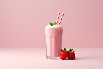 Wall Mural - pink smoothie drink with two straws and strawberry