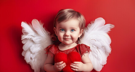 Wall Mural - Charming smiling little girl, baby cupid with white wings on a red monochrome background with an empty space for text