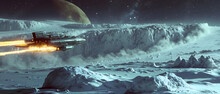  Spaceship Flying On Cold Moon Surface, The Landscape Is White With Snow And Ice Cliff Formations, Spaceship Is Shooting Fiery Hot Plumes Out Of  From Behind, The Sky Is Dark  With Stars And Planet