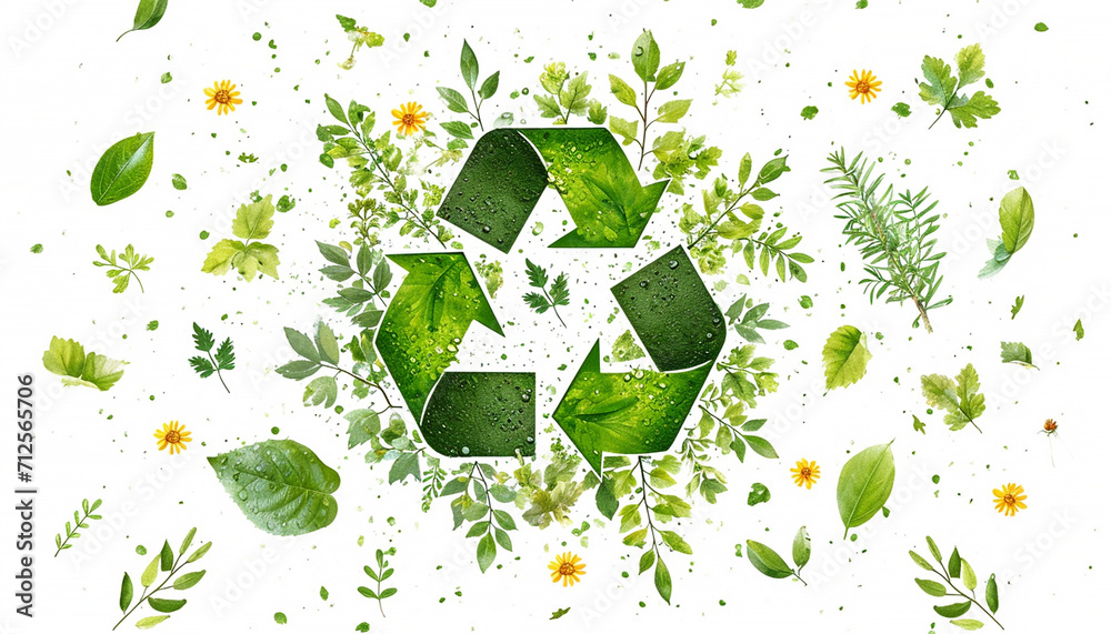 Recycle sign with green leaves. Biodegradable recyclable plastic free ...
