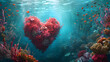 An ethereal underwater world of vibrant stony coral, graceful fish, and swaying seaweed creates a breathtaking display of marine life in this heart-shaped coral reef