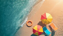 Top View Of Beach Chairs And Umbrella For Summer Vacation Concept.
