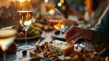  A Close Up Of A Person Holding A Wine Glass Near A Plate Of Cheese And Crackers On A Table.