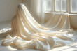 A woman hides under a white sheet. Being shy, depressive, fearful and loneliness concepts
