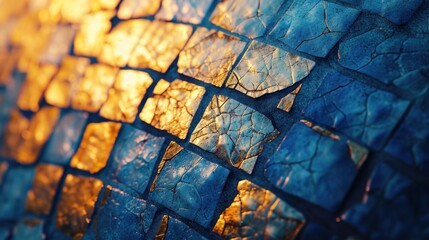 Wall Mural -  a close up view of a blue and yellow mosaic tile wall with light reflecting off of it's surface.