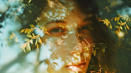 Wall Mural -  a close up of a woman's face with leaves on her face and behind her is a blurry image of a woman's face.