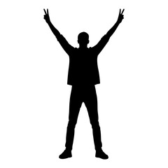 Silhouette of a man raising his arms with the victory symbol