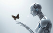 robot girl on a light background, touching a flying butterfly with her finger 