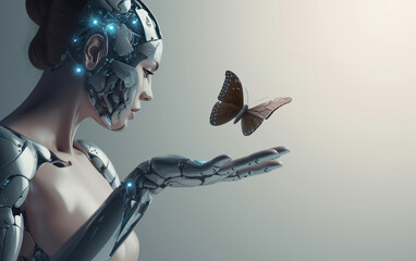 robot girl on a light background, touching a flying butterfly with her finger 