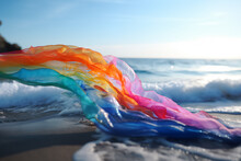 AI Generative Images Colorful Plastic Textile Waving On The Wind Next To The Sea Upcycling Concept