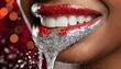 lábios vermelhos escorrendo líquido glitter prateado brilhante. conceito erótico