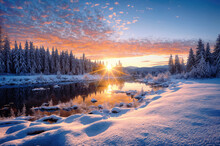 Generative AI Image Of A Snowy Landscape At Sunrise With A River Reflecting The Colorful Sky