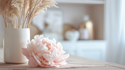 Wall Mural -  a close up of a vase on a table with a bouquet of flowers in front of a blurry background.