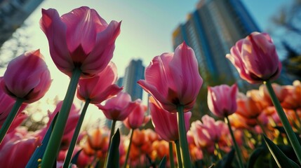  a field of pink tulips in front of a tall building with a blue sky in the back ground.