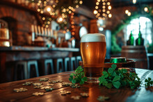 Pint Of Beer On Bar With Festive Clovers And Lights Generative AI Image