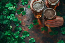 Toasting With Beer Glasses Among Clover Leaves For St Patrick's Day Generative AI Image
