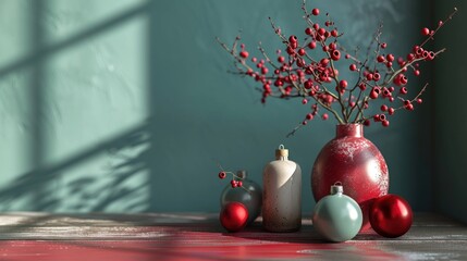 Wall Mural -  a vase filled with red berries sitting next to other vases with red and white decorations on top of a table.