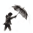 Individual struggling with a broken umbrella in the wind isolated on white background, sketch, png
