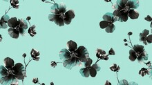 A Blue And Black Flower Pattern On A Teal Background With Black And White Flowers On A Teal Background.