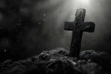 A Black And White Image Of A Solitary Cross Stands Against A Dramatic Background