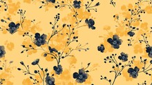  A Yellow And Black Floral Wallpaper With Black And Yellow Flowers On A Yellow Background With Black And White Leaves.