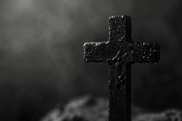 Wall Mural - A black and white image of a solitary cross stands against a dramatic background