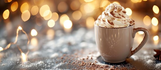 Wall Mural - Hot cocoa with whipped cream and cocoa powder sits on a winter table with fairy light bokeh.