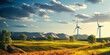 Green energy concept banner design with wind turbines and solar panels landscape at sunset. Renewable solar and wind energy.
