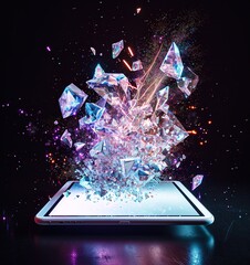 Poster - a vibrant image of a virtual metropolis appearing on a tablet screen, illustrating advanced technology and urban development