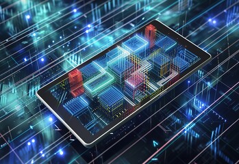 Poster - a vibrant image of a virtual metropolis appearing on a tablet screen, illustrating advanced technology and urban development