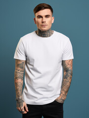 Wall Mural - Tattooed man wearing white t-shirt short sleeve and black jeans isolated on plain background
