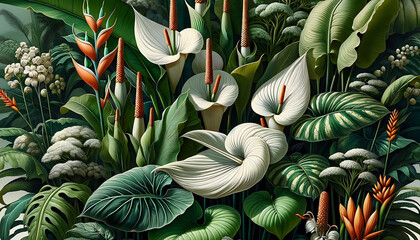 Wall Mural - A tropical botanical scene, abundant in various shades of green, featuring a diverse array of foliage and flowers, with a special focus on the iconic Monstera plant. Nature wallpaper background