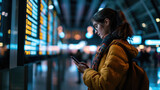 Fototapeta  - Young woman in international airport, using mobile smartphone and checking flight at the flight information board, Tourist journey trip concept, generative ai