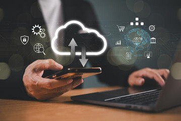 Fototapete - Businessman use computer laptop device. Cloud security business technology concept. Cloud computing diagram tech. Data storage transfer, network internet service. Digital storage infographic system