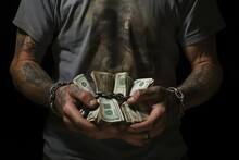 Hands Of A Tattooed Man With Chained Hands And Money On Black Background