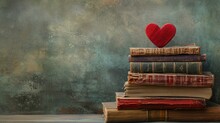  A Stack Of Books With A Red Heart On Top Of One Of The Books Is On Top Of The Other.