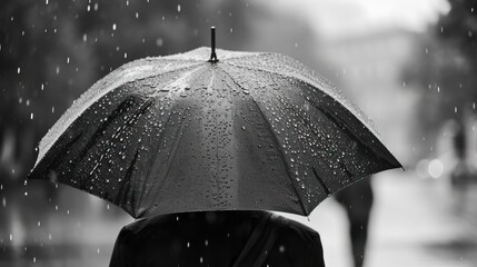 Wall Mural -  a black and white photo of a person walking in the rain with a black and white photo of a person holding an umbrella.