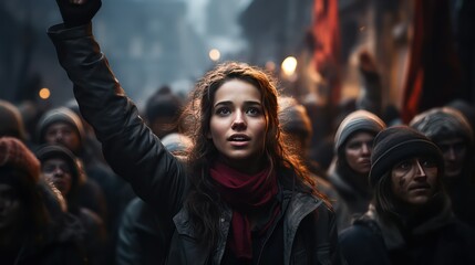 Young woman in a black coat and red scarf on the background of a crowd of people protesting on the street