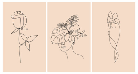 Abstract female portrait and flowers, line art. Set of posters, greeting cards, wall art. Black line on an abstract background in pastel colors.